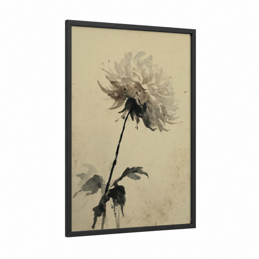 Monochrome Dahlia framed art print — black wood frame — black and white and beige palette