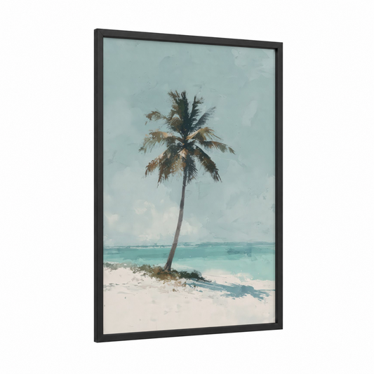 Tropical Solitude framed palm tree print — black wood frame — turquoise and cream palette