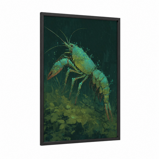 Emerald Crayfish framed art print — black wood frame — dark green and teal palette
