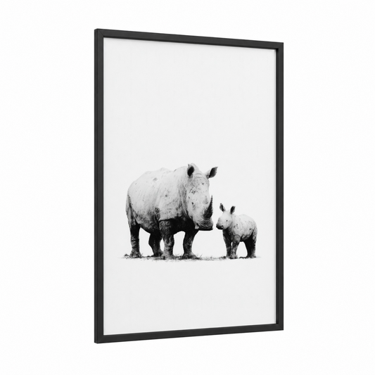 Mother Rhino Bond framed art print — black wood frame — black and white palette