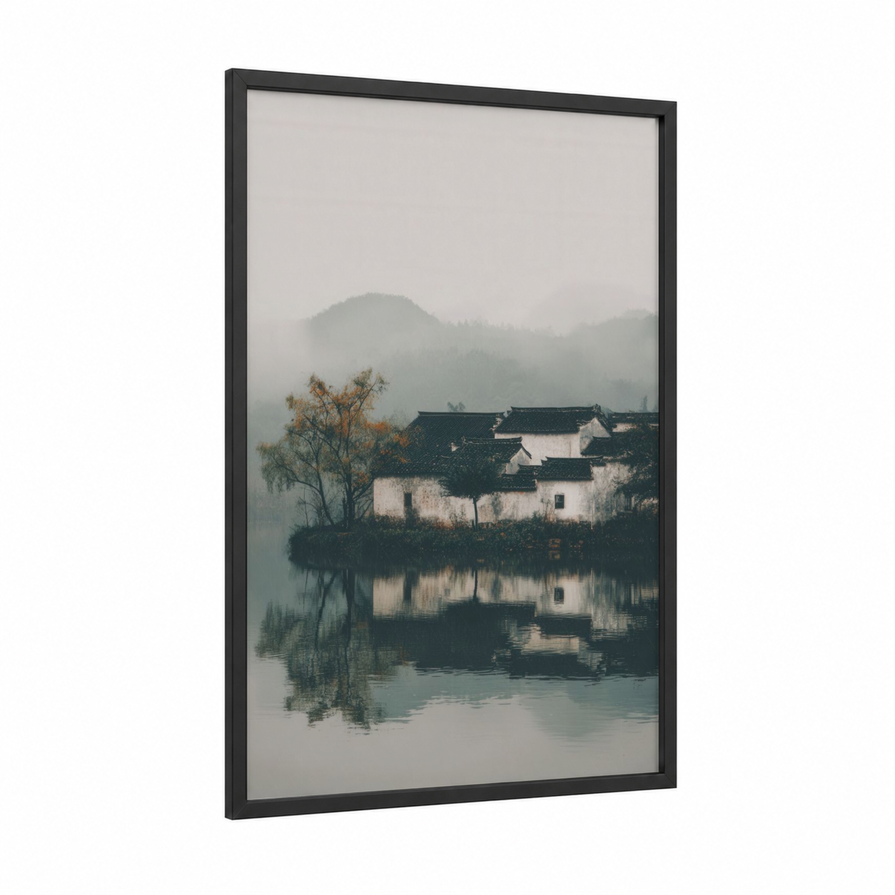 Misty Village Reflection framed art print — black wood frame — gray and dove gray palette