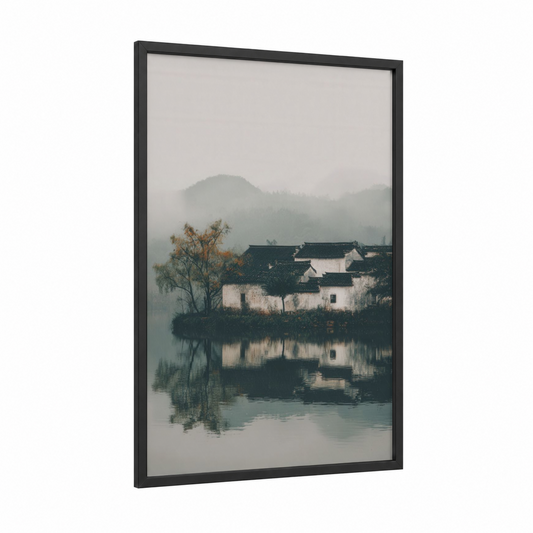 Misty Village Reflection framed art print — black wood frame — gray and dove gray palette
