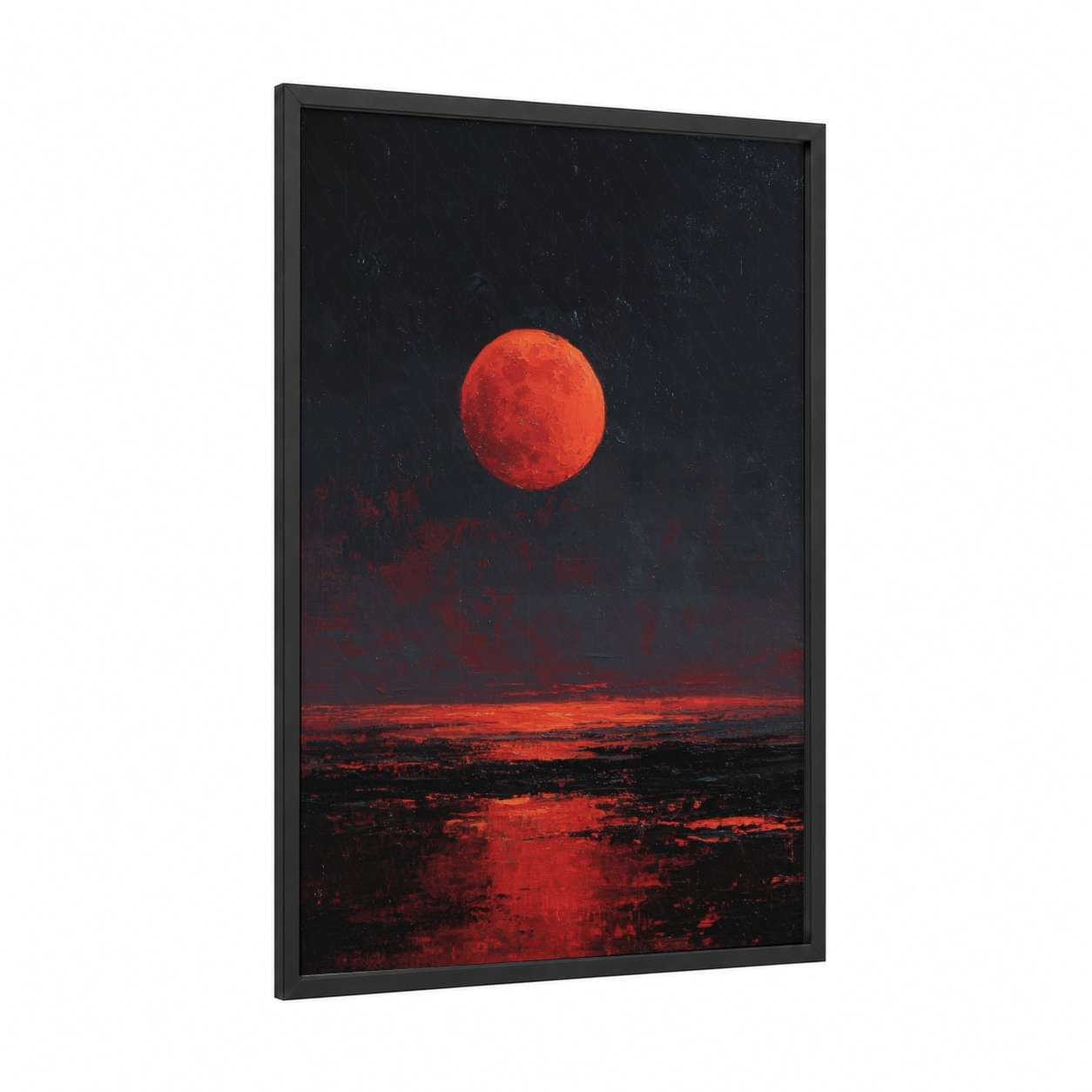 Crimson Moon Rising framed art print — black wood frame — red and black palette
