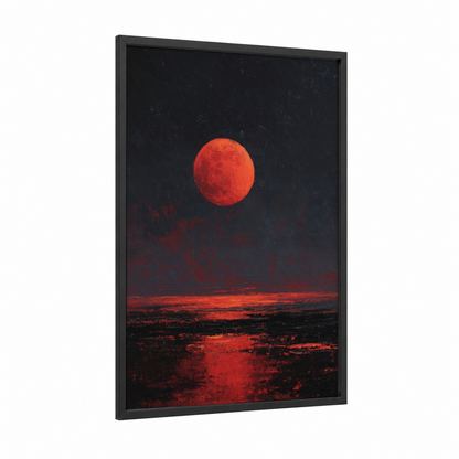 Crimson Moon Rising framed art print — black wood frame — red and black palette