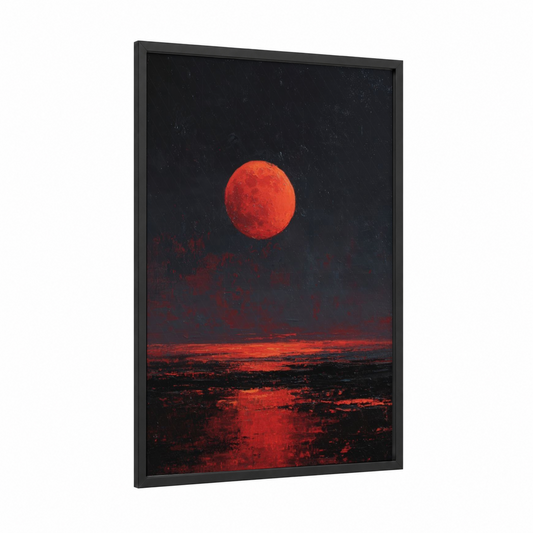 Crimson Moon Rising framed art print — black wood frame — red and black palette