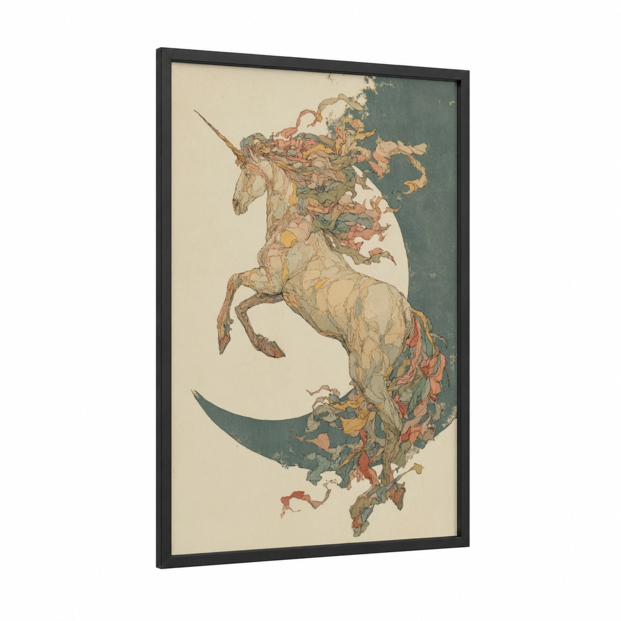Autumn Unicorn framed unicorns print — black wood frame — cream and russet palette