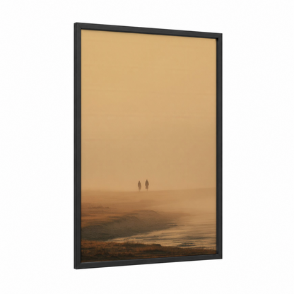 Misty Shoreline Figures framed beach sunrise and sunsets print — black wood frame — gold and cream palette