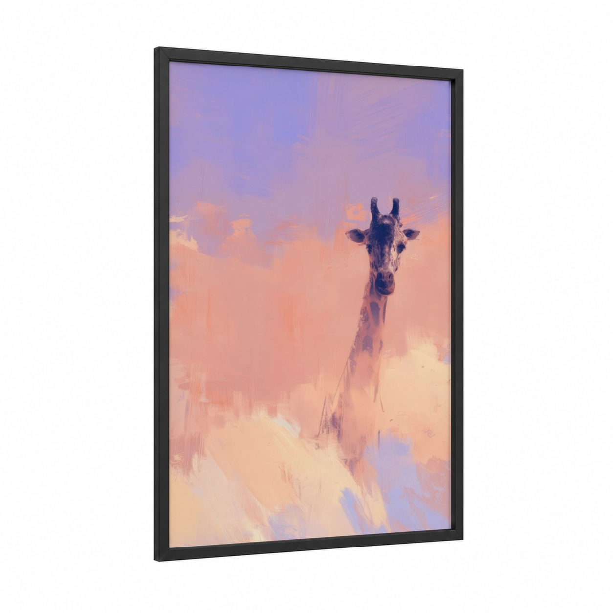 Dreamy Giraffe framed art print — black wood frame — lavender and peach palette