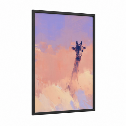 Dreamy Giraffe framed art print — black wood frame — lavender and peach palette