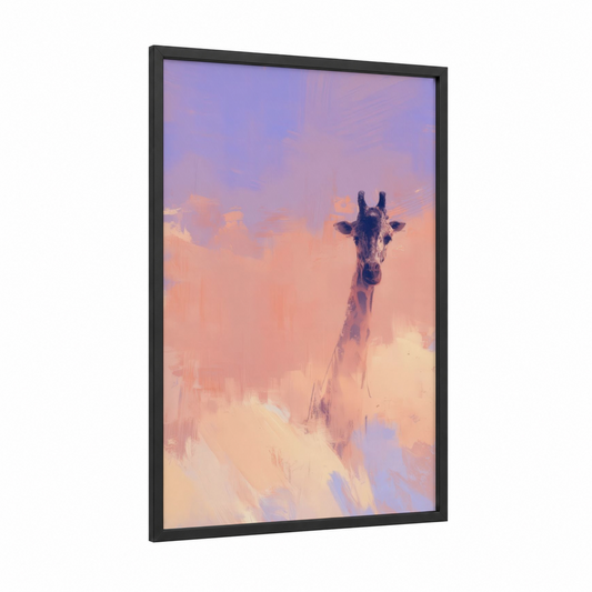 Dreamy Giraffe framed art print — black wood frame — lavender and peach palette