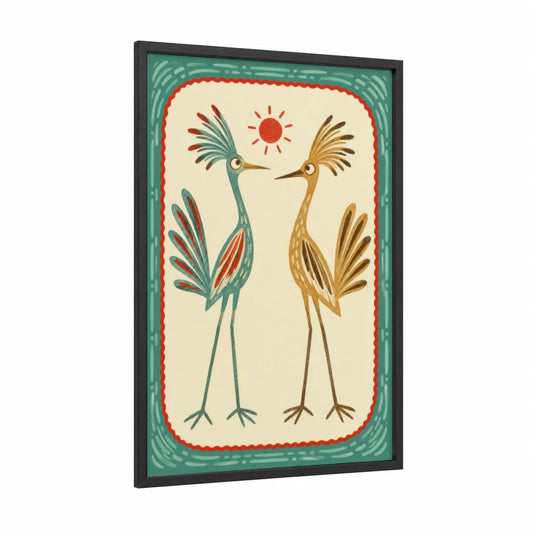 Stylized Crane Pair Wall Art framed art print — black wood frame — cream and teal palette