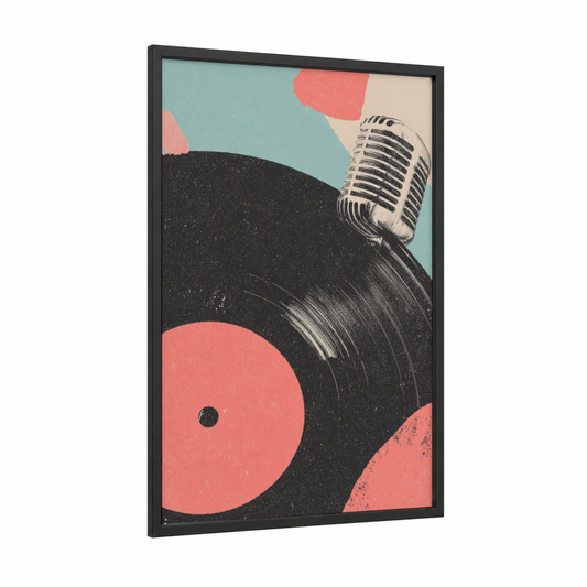 Retro Pop Vinyl framed art print — black wood frame — turquoise and salmon pink palette