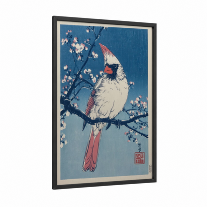 Snowy Cardinal Blossoms framed art print — black wood frame — blue and salmon pink palette