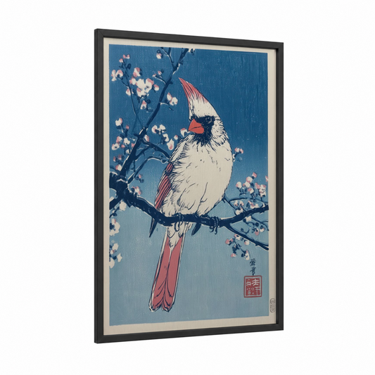 Snowy Cardinal Blossoms framed art print — black wood frame — blue and salmon pink palette
