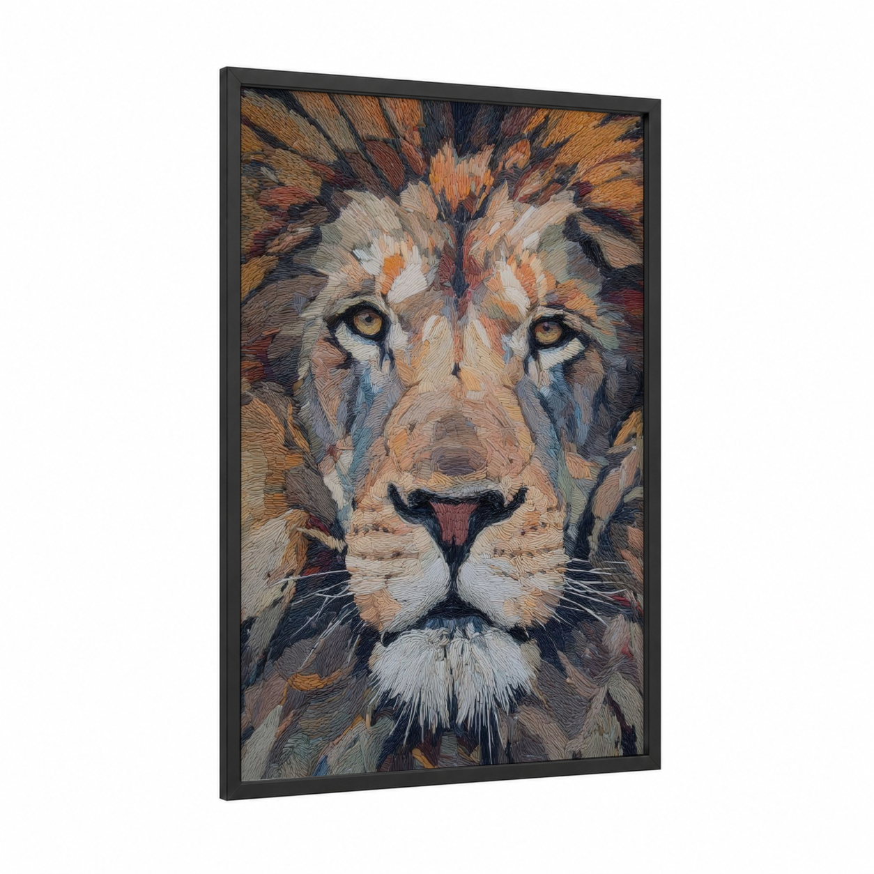 Golden Lion Portrait framed art print — black wood frame — gold and russet palette