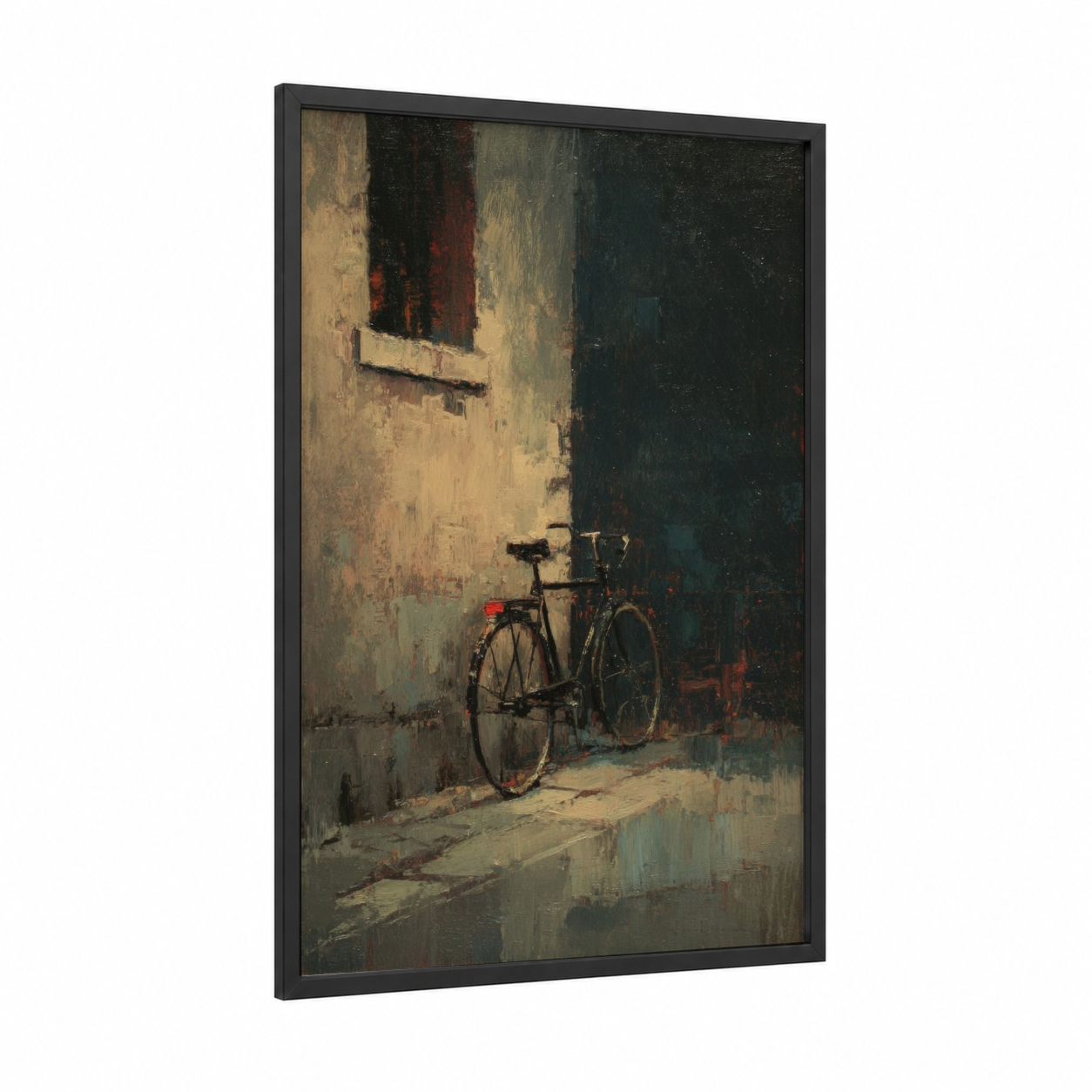 Alley Bicycle framed urban bicycle print — black wood frame — cream and gray palette