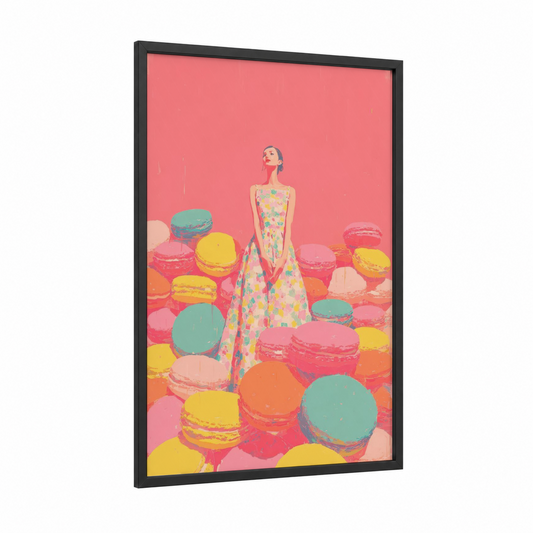 Macaron Fashion Girl framed women's fashion print — black wood frame — pink and yellow palette