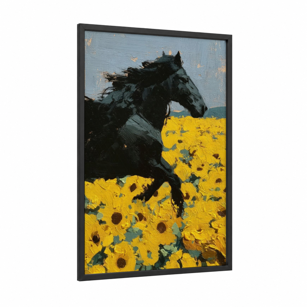 Sunflower Friesian framed friesian horse print — black wood frame — yellow gold and blue palette