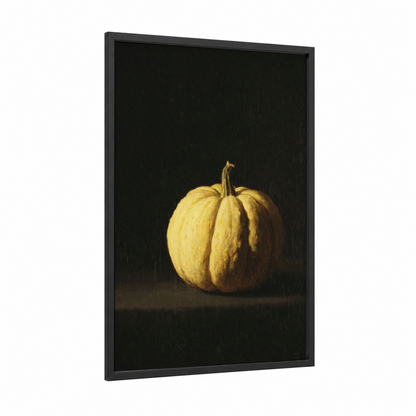 Golden Pumpkin framed fruit print — black wood frame — yellow gold and black palette