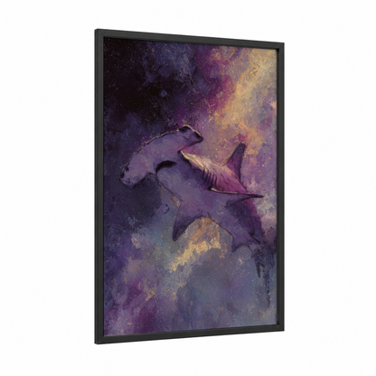 Cosmic Hammerhead framed hammerhead shark print — black wood frame — purple and gold palette