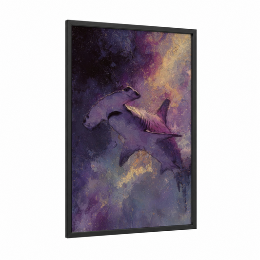 Cosmic Hammerhead framed hammerhead shark print — black wood frame — purple and gold palette