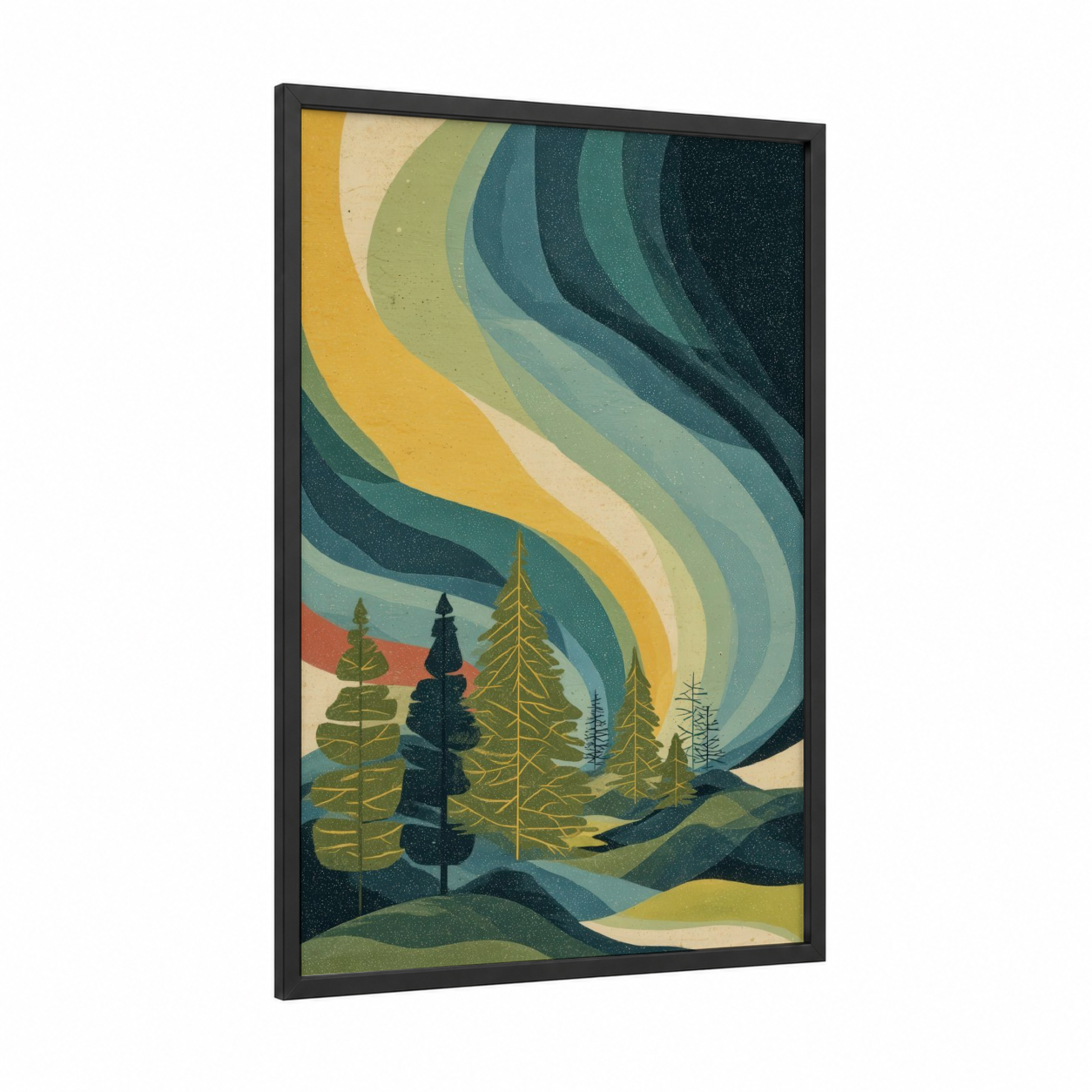 Aurora Forest framed northern lights print — black wood frame — teal and yellow gold palette