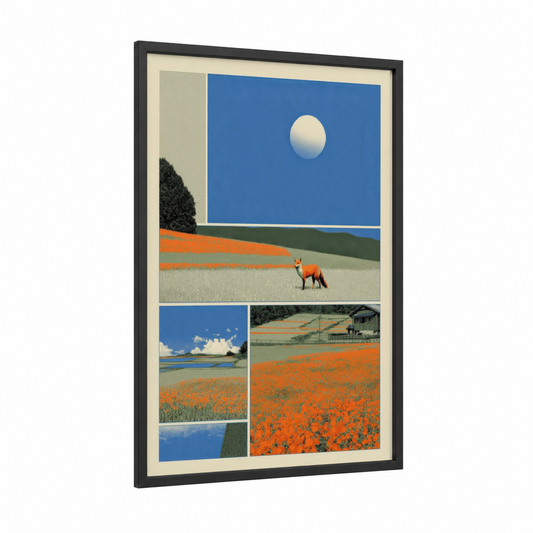 Orange Fox Landscape framed art print — black wood frame — orange and blue palette