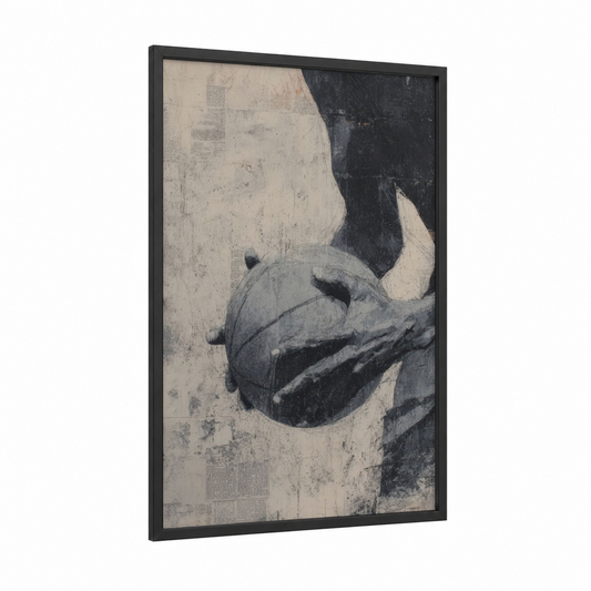 Hands Basketball framed art print — black wood frame — black and white and cream palette