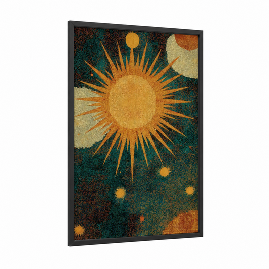 Celestial Sun framed star print — black wood frame — gold and teal palette