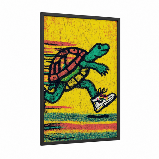 Speed Turtle framed art print — black wood frame — yellow and blue and gold palette