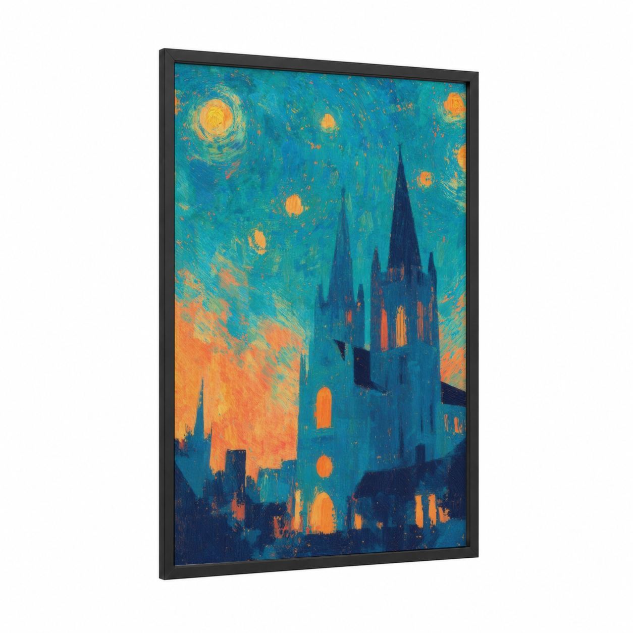 Starry Cathedral framed art print — black wood frame — blue and gold palette