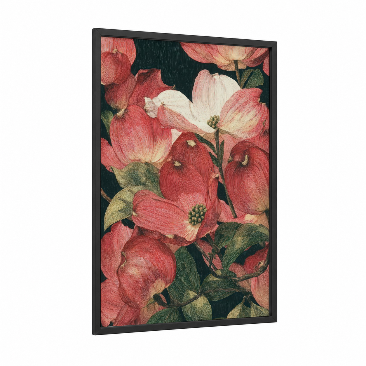 Crimson Dogwood Blooms framed art print — black wood frame — salmon pink and dark green palette