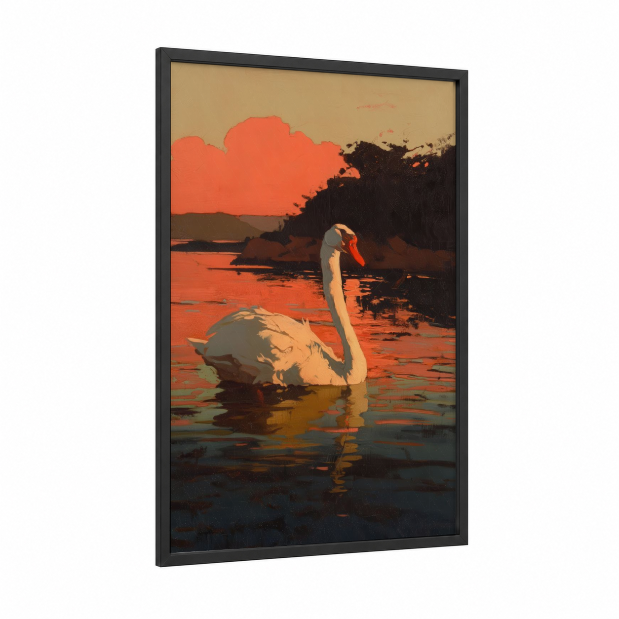 Sunset Swan framed art print — black wood frame — gold and black and gold palette
