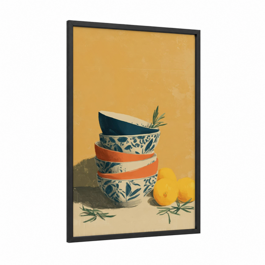 Golden Kitchen Bowls framed kitchen utensils print — black wood frame — yellow gold and dark blue palette