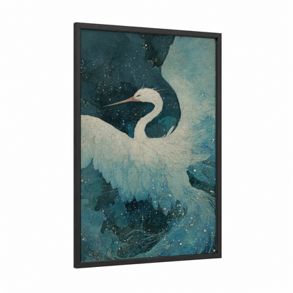 Celestial Phoenix framed art print — black wood frame — teal and white palette
