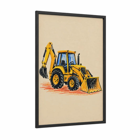 Yellow Backhoe Loader Truck Wall Art framed art print — black wood frame — yellow and beige palette