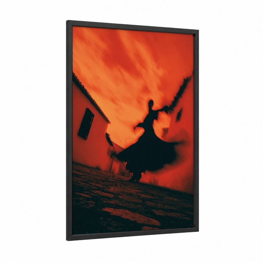 Crimson Flamenco framed art print — black wood frame — red and orange palette