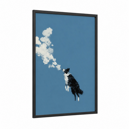 Dreaming Collie framed shepherd dogs and collies print — black wood frame — blue and white palette