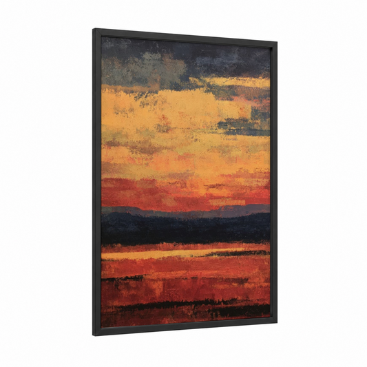 Crimson Sunset Reflection framed art print — black wood frame — gold and red palette