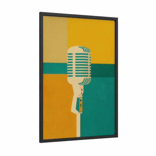 Vintage Microphone framed art print — black wood frame — yellow gold and teal palette