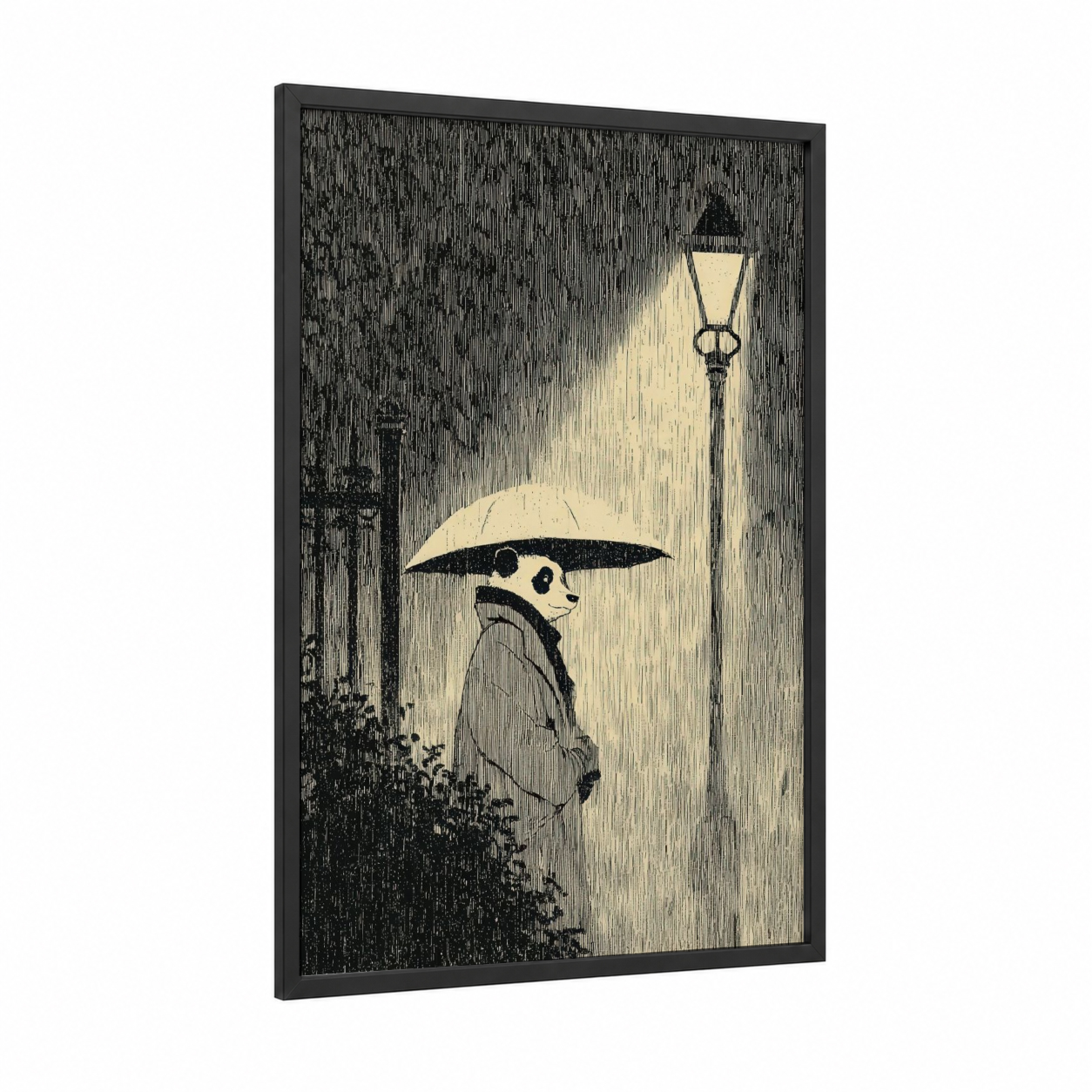 Rainy Night Panda framed art print — black wood frame — black and white and cream palette