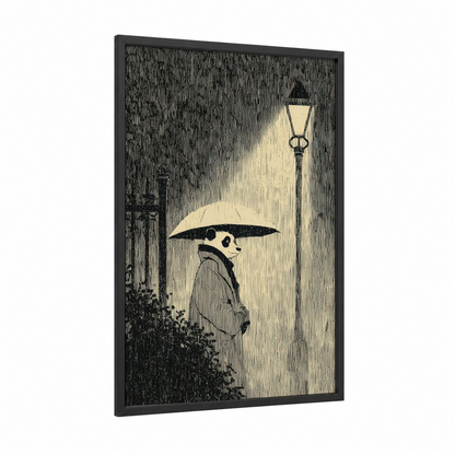 Rainy Night Panda framed art print — black wood frame — black and white and cream palette