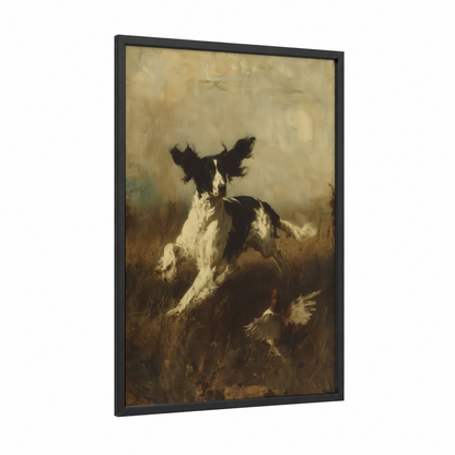 Hunting Spaniel framed art print — black wood frame — gold and brown palette