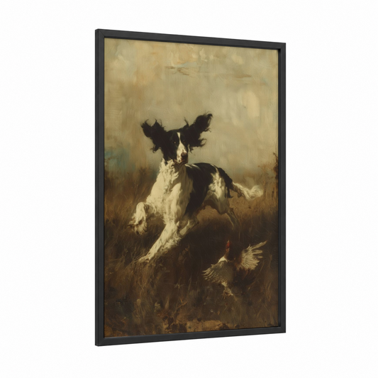 Hunting Spaniel framed art print — black wood frame — gold and brown palette