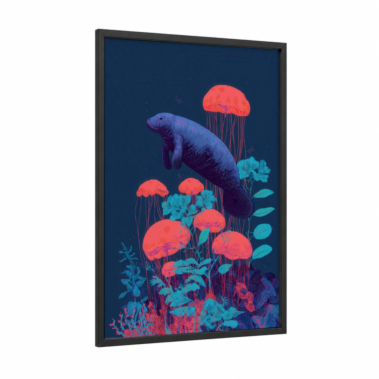 Neon Manatee framed manatees print — black wood frame — dark blue and salmon pink palette