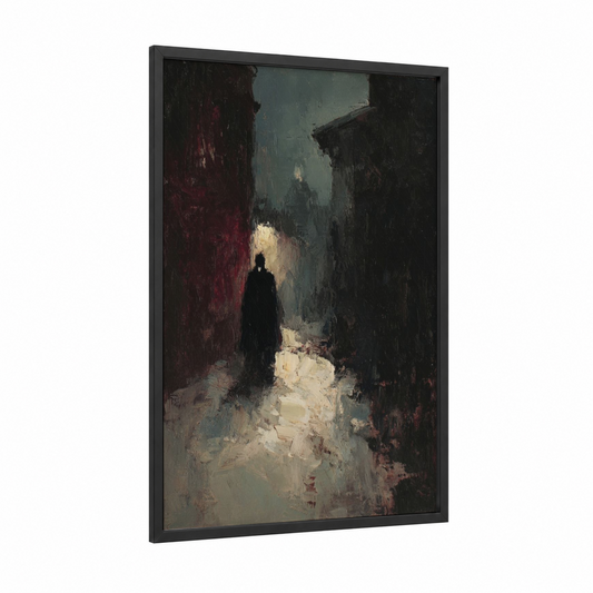Solitary Vampire framed art print — black wood frame — maroon and dove gray palette