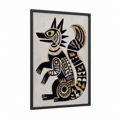 Mythical Beast Totem framed abstract traditional print — black wood frame — black and gold palette