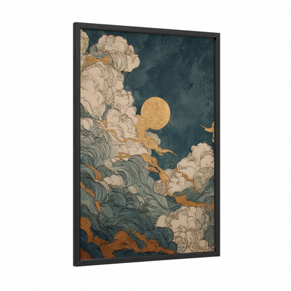 Golden Sunrise Sky framed art print — black wood frame — gold and dark blue palette