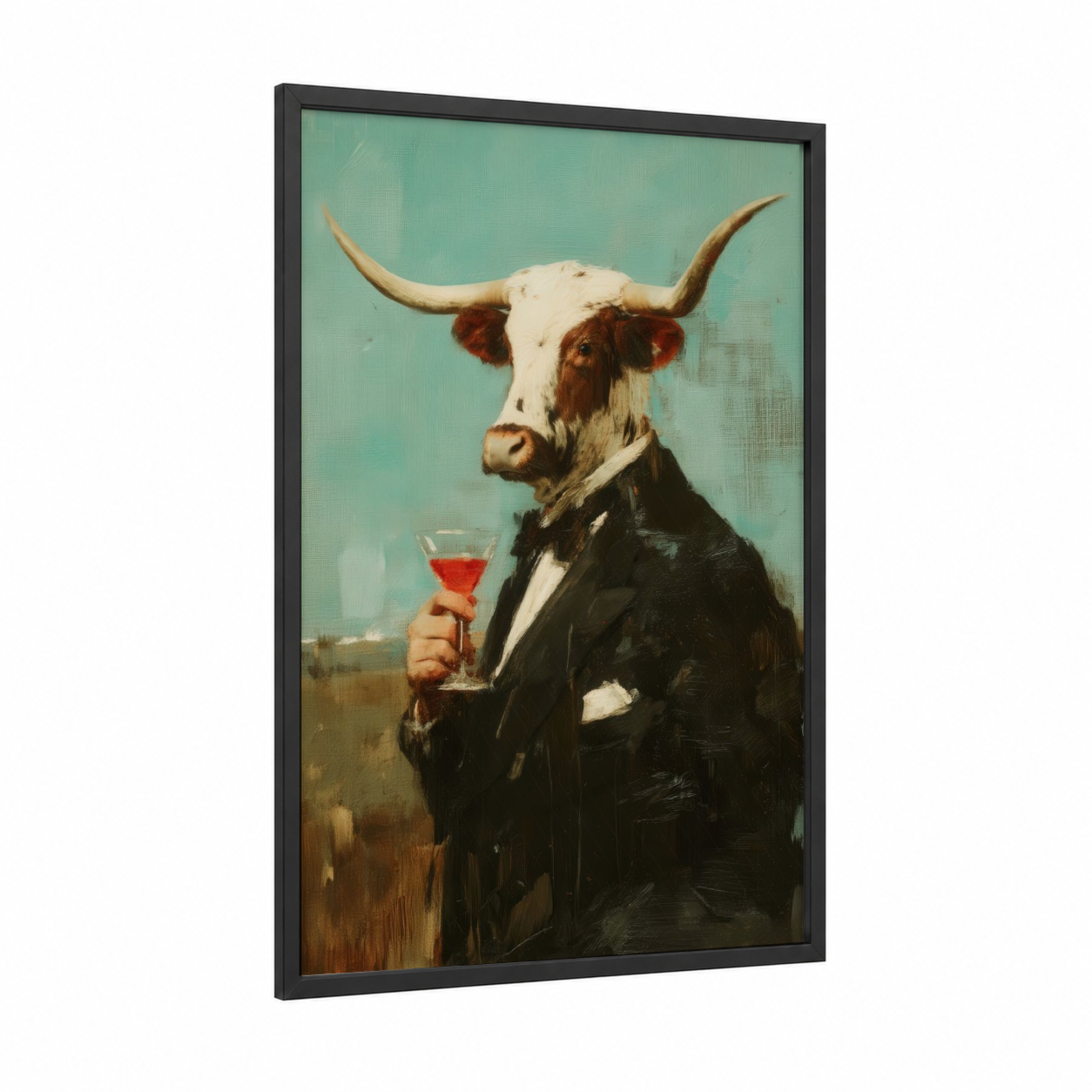 Dapper Longhorn framed longhorn cow print — black wood frame — turquoise and brown palette