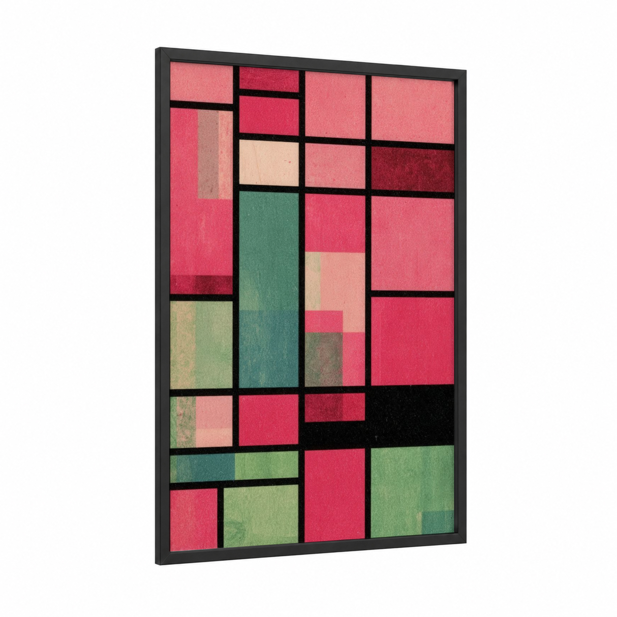 Geometric Mosaic framed abstract geometric print — black wood frame — magenta and teal palette
